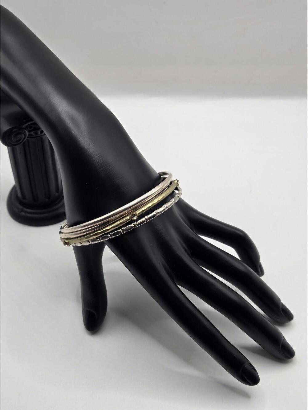 Two-Tone Set Of 4 Bangle Bracelet Hammered Silver & Gold Finish Rhinestone